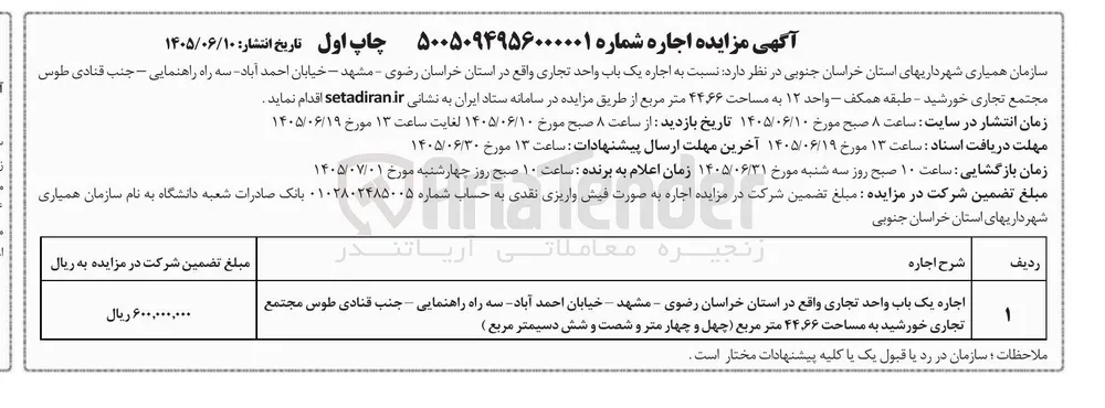 اجاره یک باب واحد تجاری