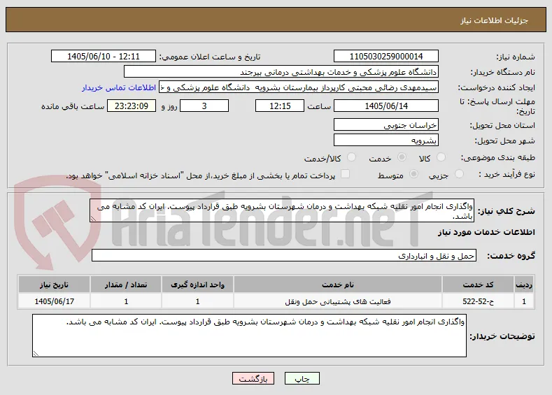 واگذاری انجام امور نقلیه شبکه بهداشت و درمان شهرستان بشرویه طبق قرارداد پیوست. ایران کد مشابه می باشد.