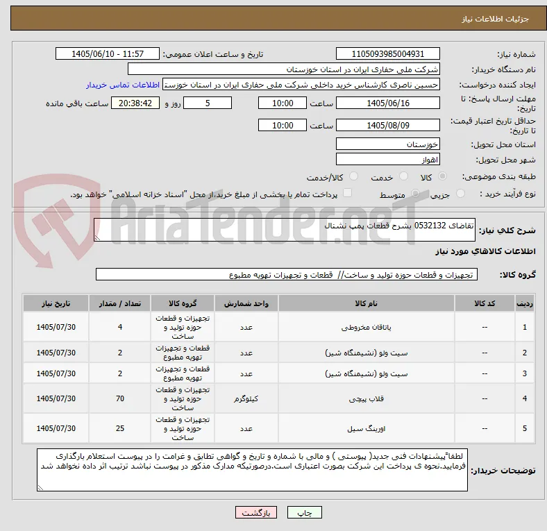 تقاضای 0532132 بشرح قطعات پمپ نشنال 