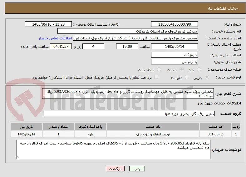 تکمیلی پروژه سیم مسی به کابل خودنگهدار روستای گزریز و چاه فعله (مبلغ پایه قرارداد 5.937.936.053 ریال میباشد )
