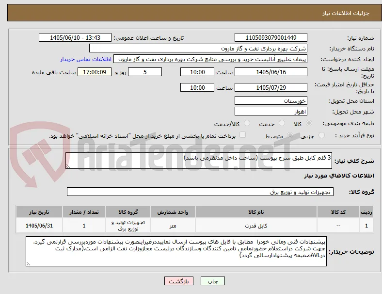 3 قلم کابل طبق شرح پیوست (ساخت داخل مدنظرمی باشد)