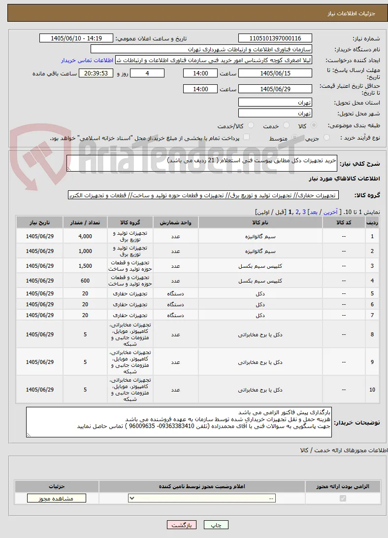 خرید تجهیزات دکل مطابق پیوست فنی استعلام ( 21 ردیف می باشد)
