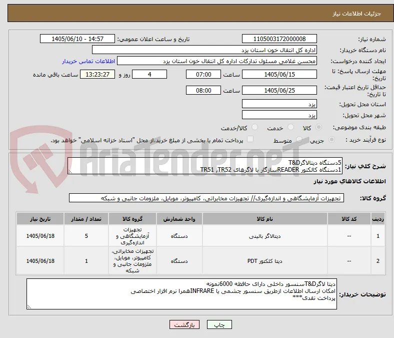 5دستگاه دیتالاگرT&D
1دستگاه کالکتور READERسازگار با لاگرهای TR51 ,TR52