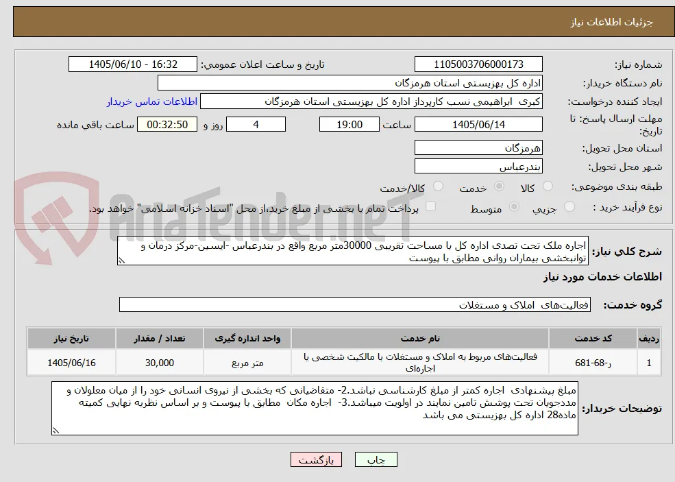 اجاره ملک تحت تصدی اداره کل با مساحت تقریبی 30000متر مربع واقع در بندرعباس -ایسین-مرکز درمان و توانبخشی بیماران روانی مطابق با پیوست