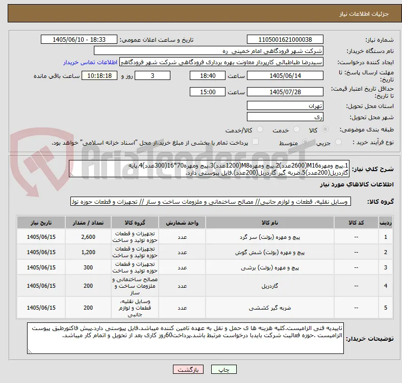1.پیچ ومهرهM16(2600عدد)2.پیچ ومهرهM8(1200عدد)3.پیچ ومهره70*16(300عدد)4.پایه گاردریل(200عدد)5.ضربه گیر گاردریل(200عدد).فایل پیوستی دارد.