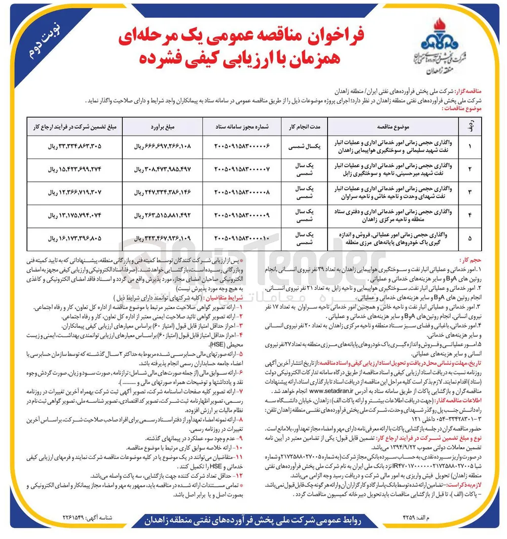 واگذاری حجمی زمانی امور خدماتی اداری و دفتری ستاد منطقه و ناحیه مرکزی زاهدان