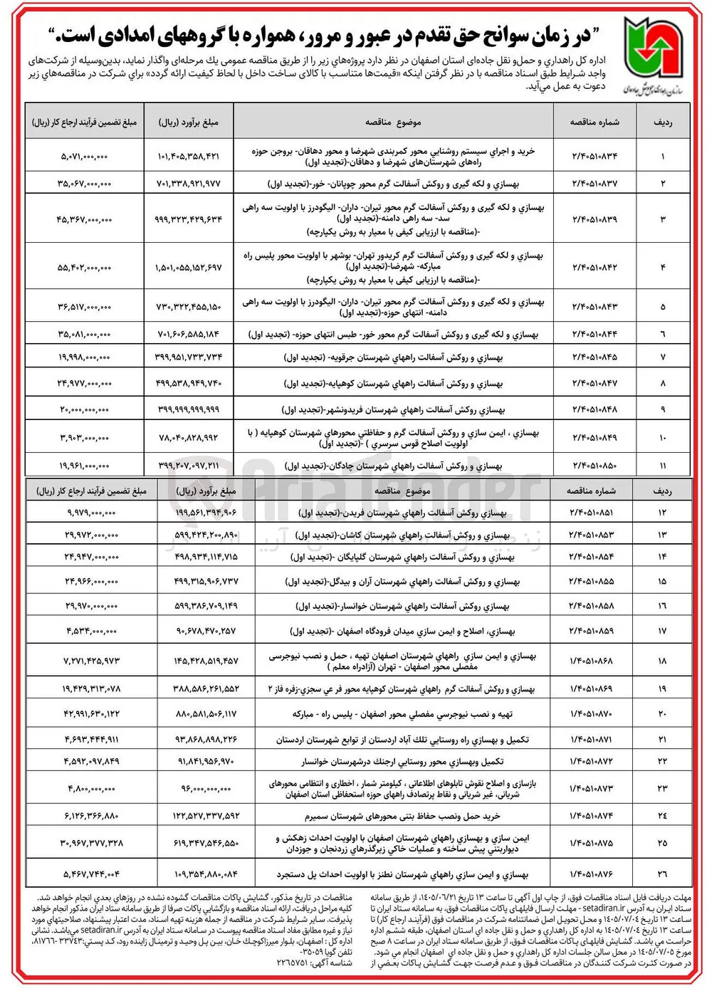  بهسازی و لکه گیری و روکش آسفالت گرم کریدور تهران - بوشهر با اولویت محور پلیس راه مبارکه - شهرضا