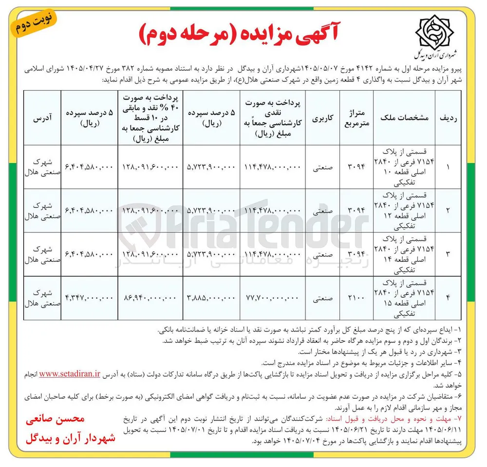 واگذاری ۴ قطعه زمین واقع در شهرک صنعتی هلال (ع)