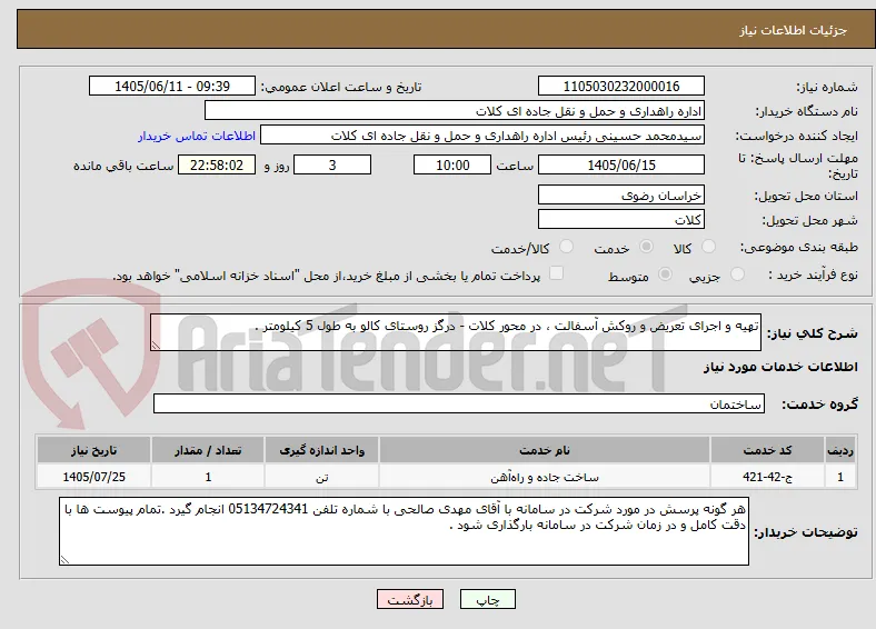 تهیه و اجرای تعریض و روکش آسفالت ، در محور کلات - درگز روستای کالو به طول 5 کیلومتر . 