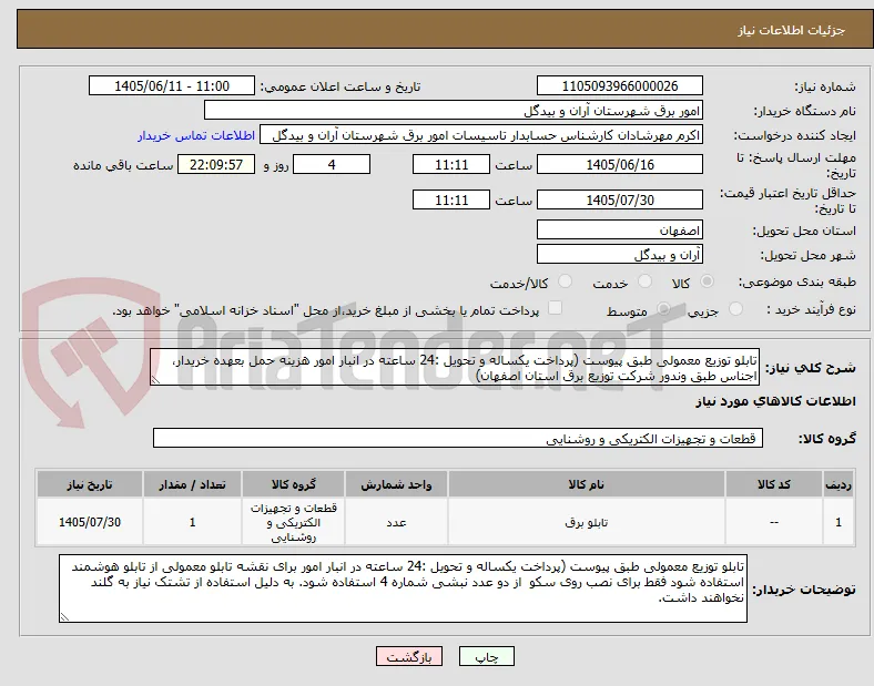 تابلو توزیع معمولی طبق پیوست (پرداخت یکساله و تحویل :24 ساعته در انبار امور هزینه حمل بعهده خریدار، اجناس طبق وندور شرکت توزیع برق استان اصفهان)
