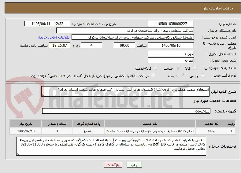 استعلام قیمت عملیات پر کردن(شارژ)کپسول های آتش نشانی "ساختمان های شعب استان تهران"