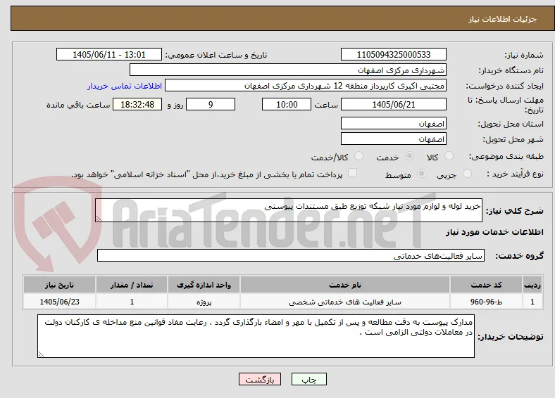 خرید لوله و لوازم مورد نیاز شبکه توزیع طبق مستندات پیوستی 
