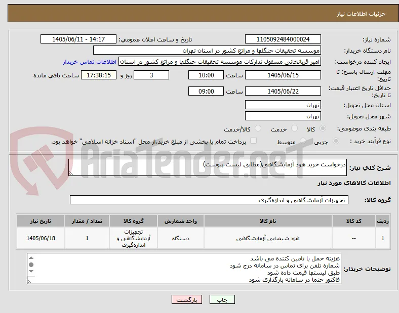 درخواست خرید هود آزمایشگاهی(مطابق لیست پیوست)