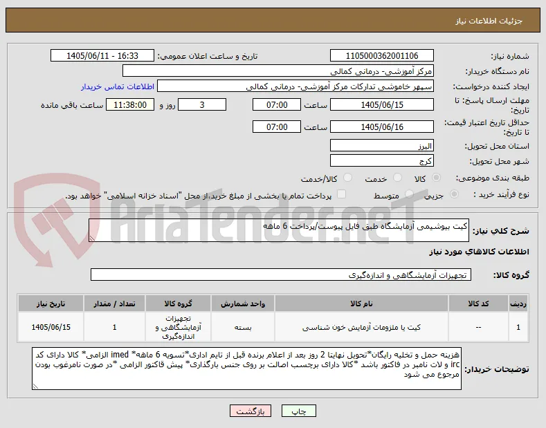 کیت بیوشیمی آزمایشگاه طبق فایل پیوست/پرداخت 6 ماهه