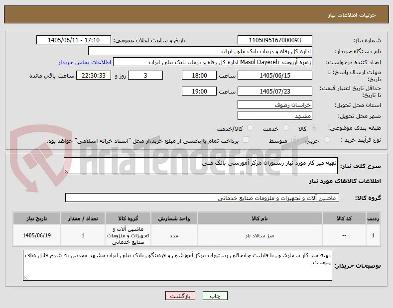 تهیه میز کار مورد نیاز رستوران مرکز آموزشی بانک ملی