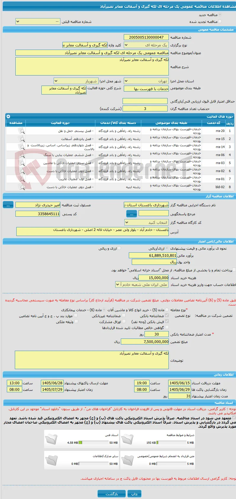 مناقصه عمومی یک مرحله ای لکه گیری و آسفالت معابر نصیرآباد