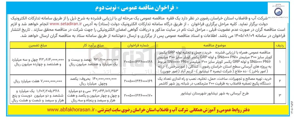خرید، تهیه مصالح و تجهیزات، ساخت، حمل، تخلیه، نصب و راه اندازی تعداد یک دستگاه پکیج تصفیه فاضلاب به ظرفیت ۲۵۰ متر مکعب در شبانه روز 