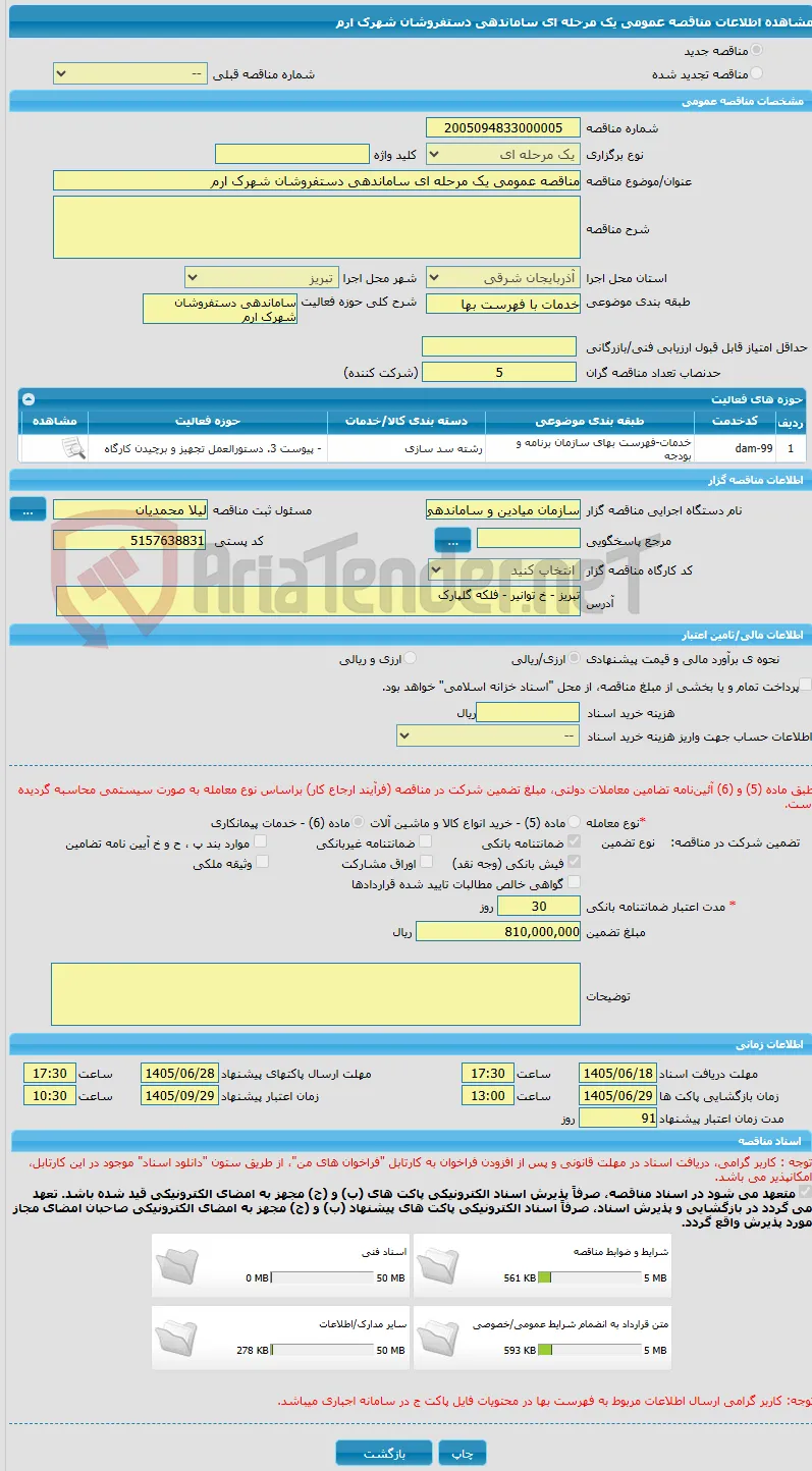 مناقصه عمومی یک مرحله ای ساماندهی دستفروشان شهرک ارم
