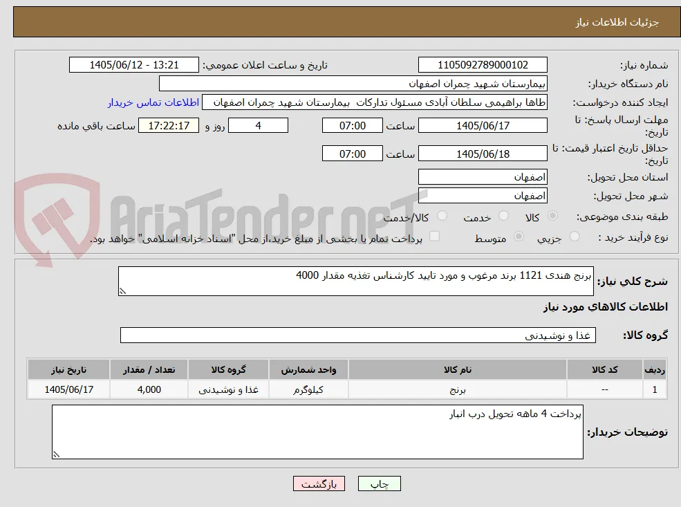 برنج هندی 1121 برند مرغوب و مورد تایید کارشناس تغذیه مقدار 4000