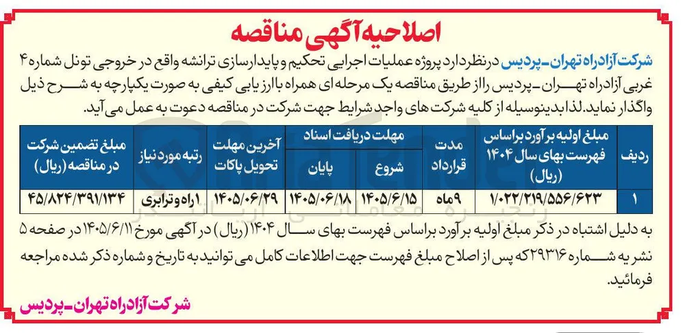عملیات اجرایی تحکیم و پایدارسازی ترانشه واقع در خروجی تونل شماره ۴ غربی آزاد راه تهران:پردیس