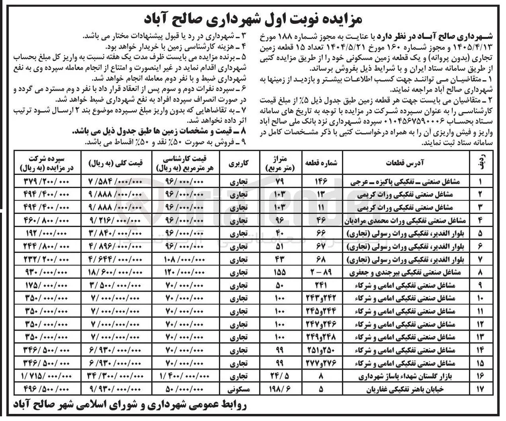 فروش ۱۵ قطعه زمین تجاری (بدون پروانه) و ۱ قطعه زمین مسکونی
