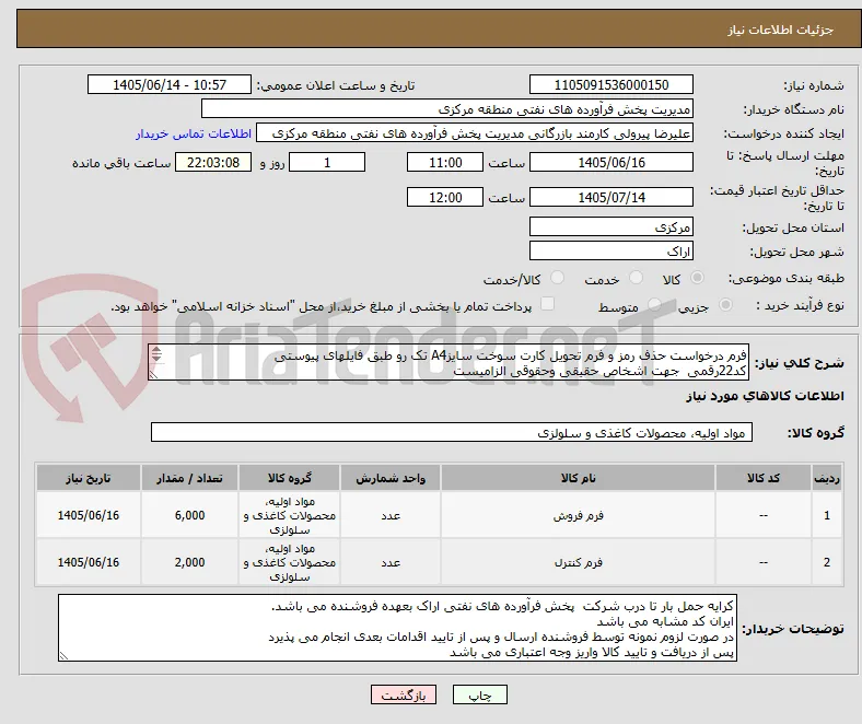 فرم درخواست حذف رمز و فرم تحویل کارت سوخت سایزA4 تک رو طبق فایلهای پیوستی
کد22رقمی  جهت اشخاص حقیقی وحقوقی الزامیست
مهلت تامین سه روزه است