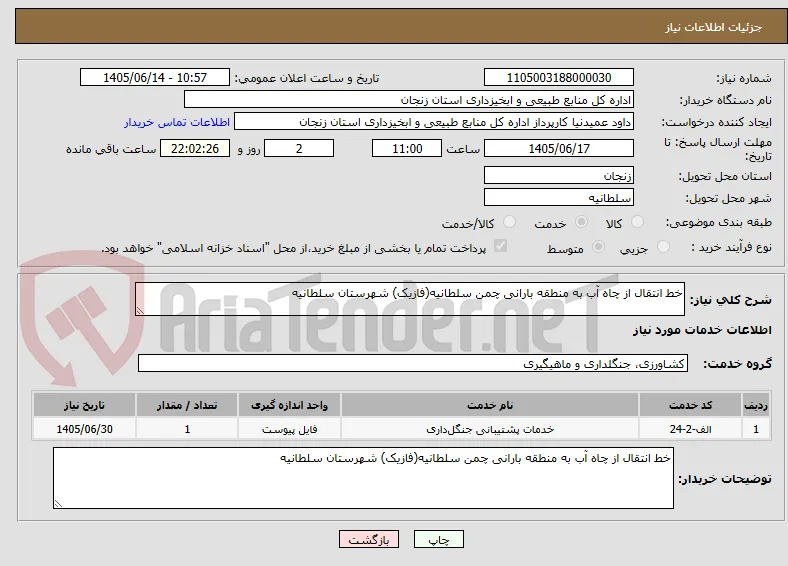خط انتقال از چاه آب به منطقه بارانی چمن سلطانیه(فازیک) شهرستان سلطانیه