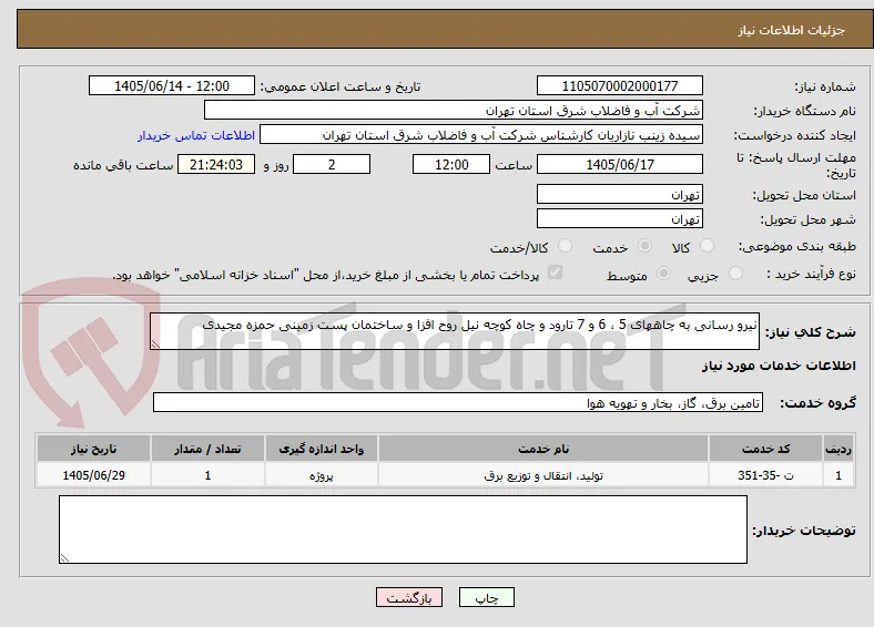 نیرو رسانی به چاههای 5 ، 6 و 7 تارود و چاه کوچه نیل روح افزا و ساختمان پست زمینی حمزه مجیدی