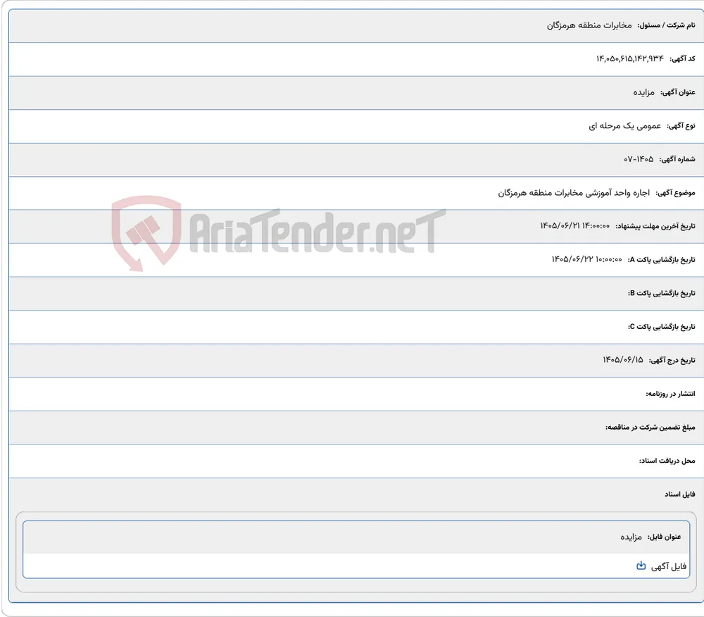 اجاره واحد آموزشی مخابرات منطقه هرمزگان