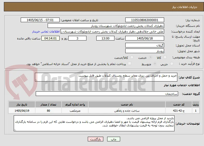 خرید و حمل و اجرای بتن ریزی معابر سطح روستای کندلات طبق فایل پیوست