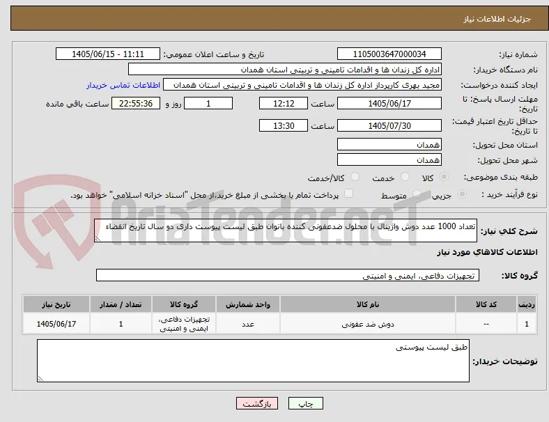 تعداد 1000 عدد دوش واژینال با محلول ضدعفونی کننده بانوان طبق لیست پیوست داری دو سال تاریخ انقضاء