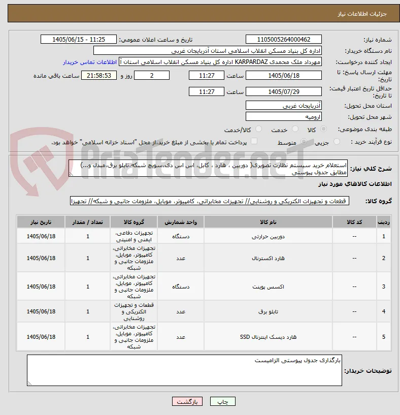 استعلام خرید سیستم نظارت تصویری( دوربین ، هارد ، کابل، اس اس دی،سویچ شبکه،تابلو برق،مبدل و...) مطابق جدول پیوستی