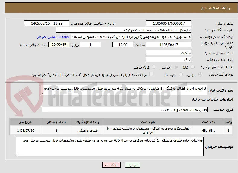 فراخوان اجاره فضای فرهنگی 1 کتابخانه مرکزی به متراژ 435 متر مربع طبق مشخصات فایل پیوست مرحله دوم