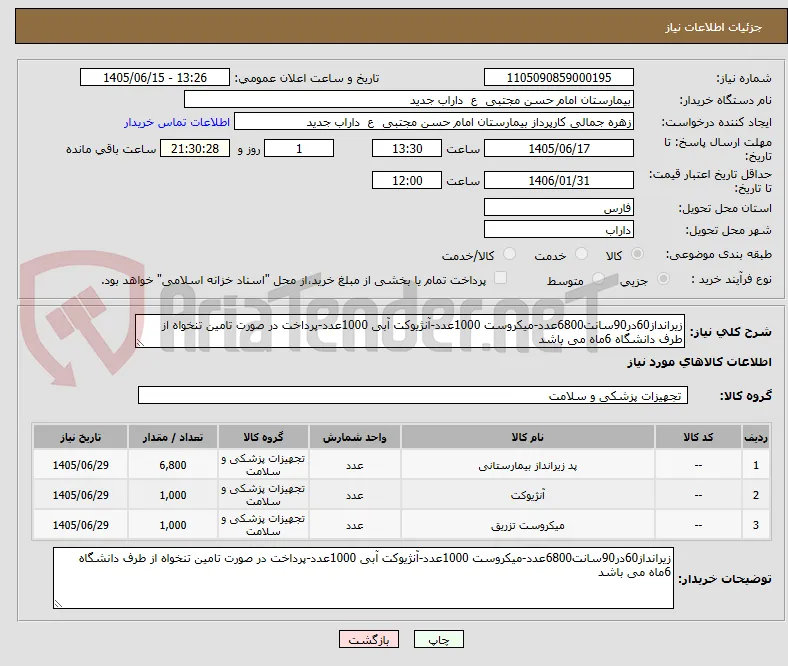 زیرانداز60در90سانت6800عدد-میکروست 1000عدد-آنژیوکت آبی 1000عدد-پرداخت در صورت تامین تنخواه از طرف دانشگاه 6ماه می باشد