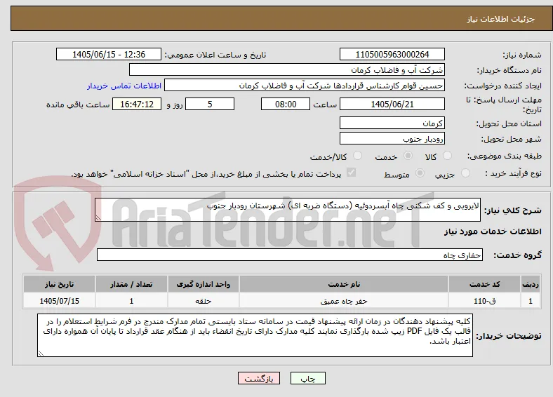 لایروبی و کف شکنی چاه آبسردوئیه (دستگاه ضربه ای) شهرستان رودبار جنوب