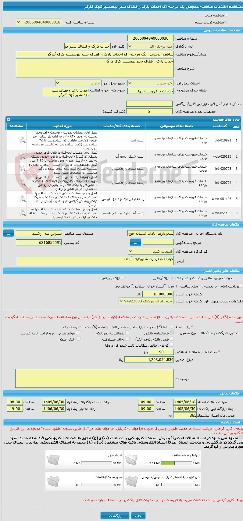 مناقصه عمومی یک مرحله ای احداث پارک و فضای سبز بهمنشیر کوی کارگر