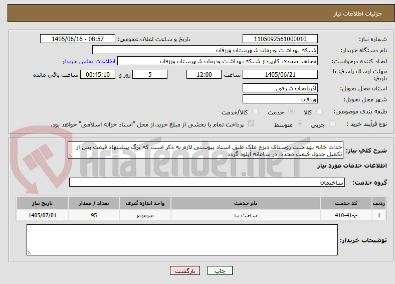 حداث خانه بهداشت روستای دیزج ملک طبق اسناد پیوستی لازم به ذکر است که برگ پیشنهاد قیمت پس از تکمیل جدول قیمت مجددا در سامانه آپلود گردد