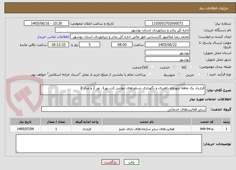قرارداد یک ماهه مهرماه راهبری و نگهداری شناورهای مولتی کت نور1، نور 2 و مراد 3