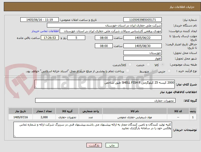 2000 کیسه 25 کیلوگزمی SHELL FISH F طبق شاخص 