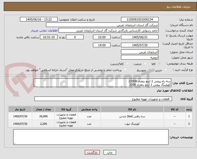 سه راه پیچی 1 اینچ بتعداد 22000
کوپلینگ پیچی 1 اینچ بتعداد 2200 