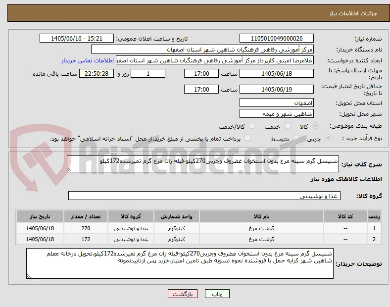 شنیسل گرم سینه مرغ بدون استخوان غضروف وچربی270کیلو-فیله ران مرغ گرم تمیزشده172کیلو