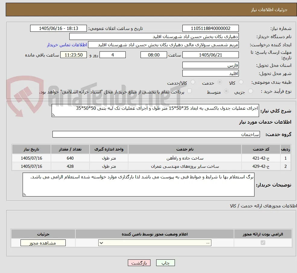 اجرای عملیات جدول باکسی به ابعاد 35*50*15 متر طول و اجرای عملیات تک لبه بتنی 50*50*35