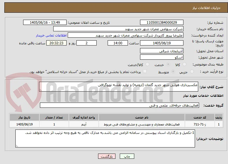 عکسبرداری هوایی شهر جدید گلمان (ارومیه) و تولید نقشه توپوگرافی