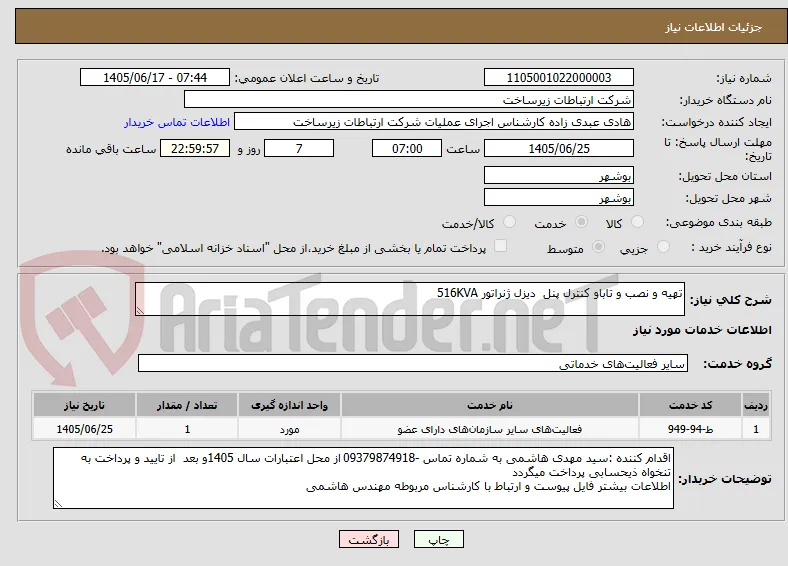 تهیه و نصب و تاباو کنترل پنل  دیزل ژنراتور 516KVA