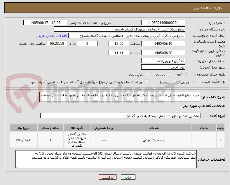 خرید انواع نایلون طبق لیست پیوست،هزینه بارگیری حمل و تخلیه در بیمارستان به عهده برنده استعلام میباشد