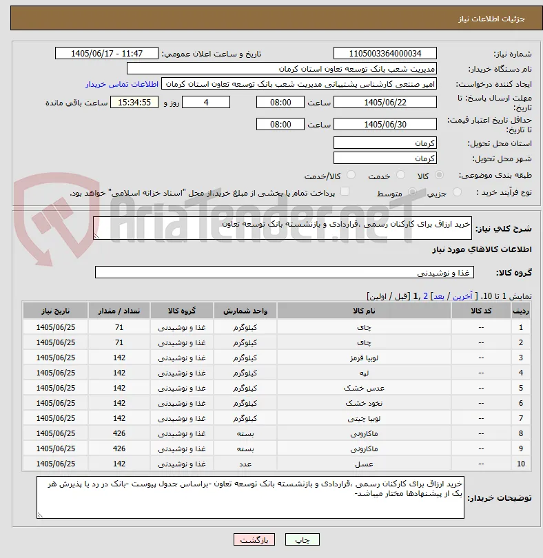 خرید ارزاق برای کارکنان رسمی ،قراردادی و بازنشسته بانک توسعه تعاون