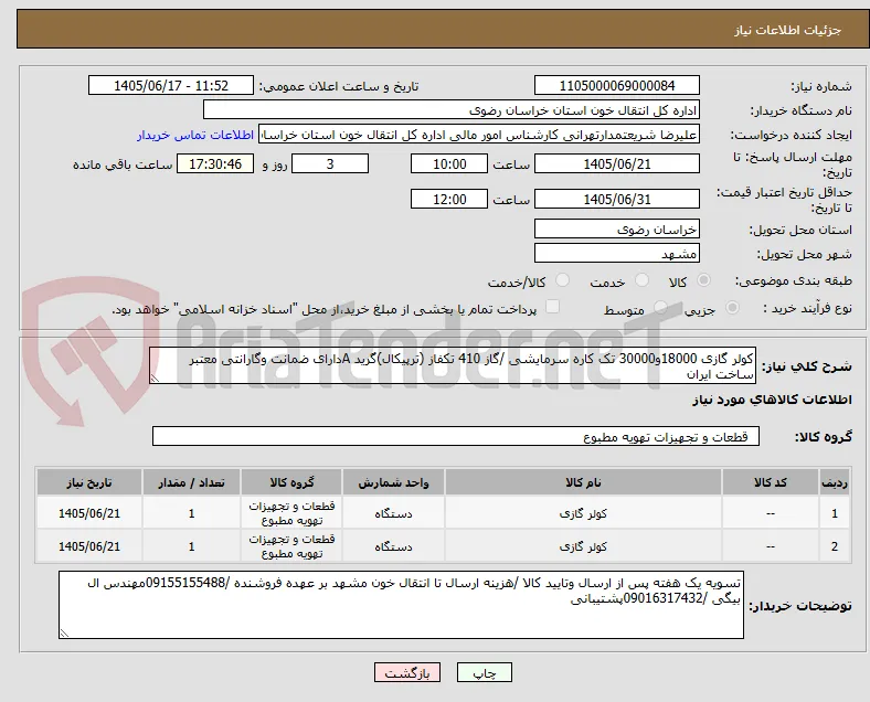 کولر گازی 18000و30000 تک کاره سرمایشی /گاز 410 تکفاز (ترپیکال)گرید Aدارای ضمانت وگارانتی معتبر ساخت ایران 