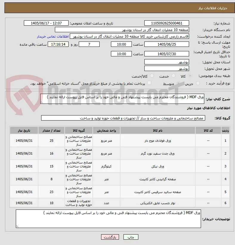 ورق MDF ( فروشندگان محترم می بایست پیشنهاد فنی و مالی خود را بر اساس فایل پیوست ارائه نمایند )