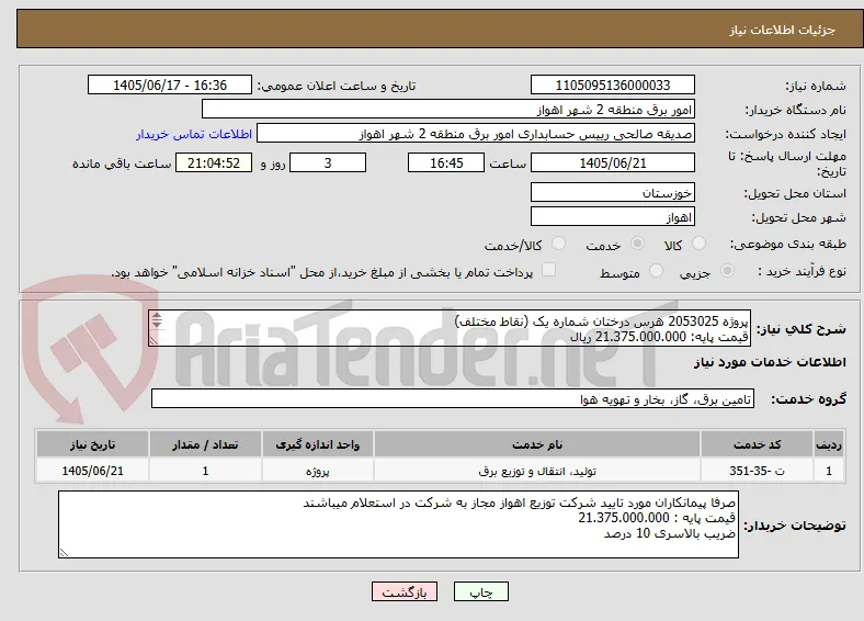 پروژه 2053025 هرس درختان شماره یک (نقاط مختلف)
قیمت پایه: 21.375.000.000 ریال
ضریب بالاسری: 10 درصد