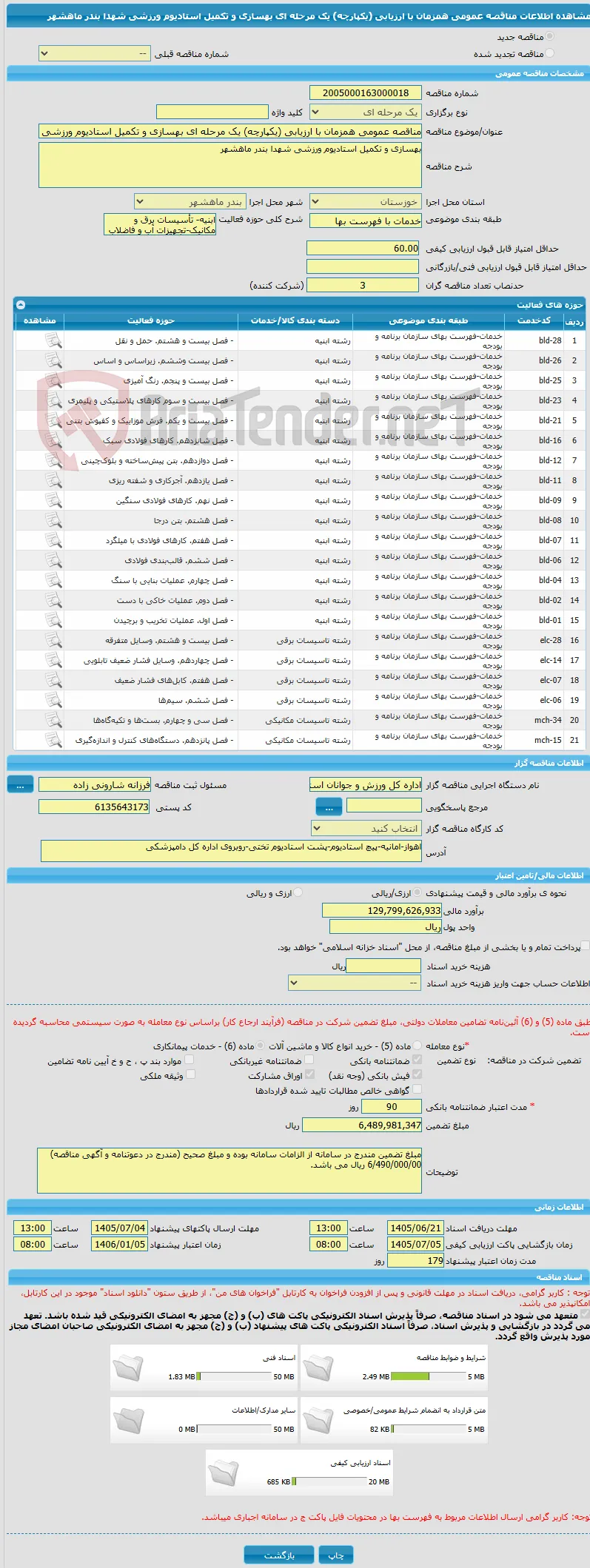مناقصه عمومی همزمان با ارزیابی (یکپارچه) یک مرحله ای بهسازی و تکمیل استادیوم ورزشی شهدا بندر ماهشهر